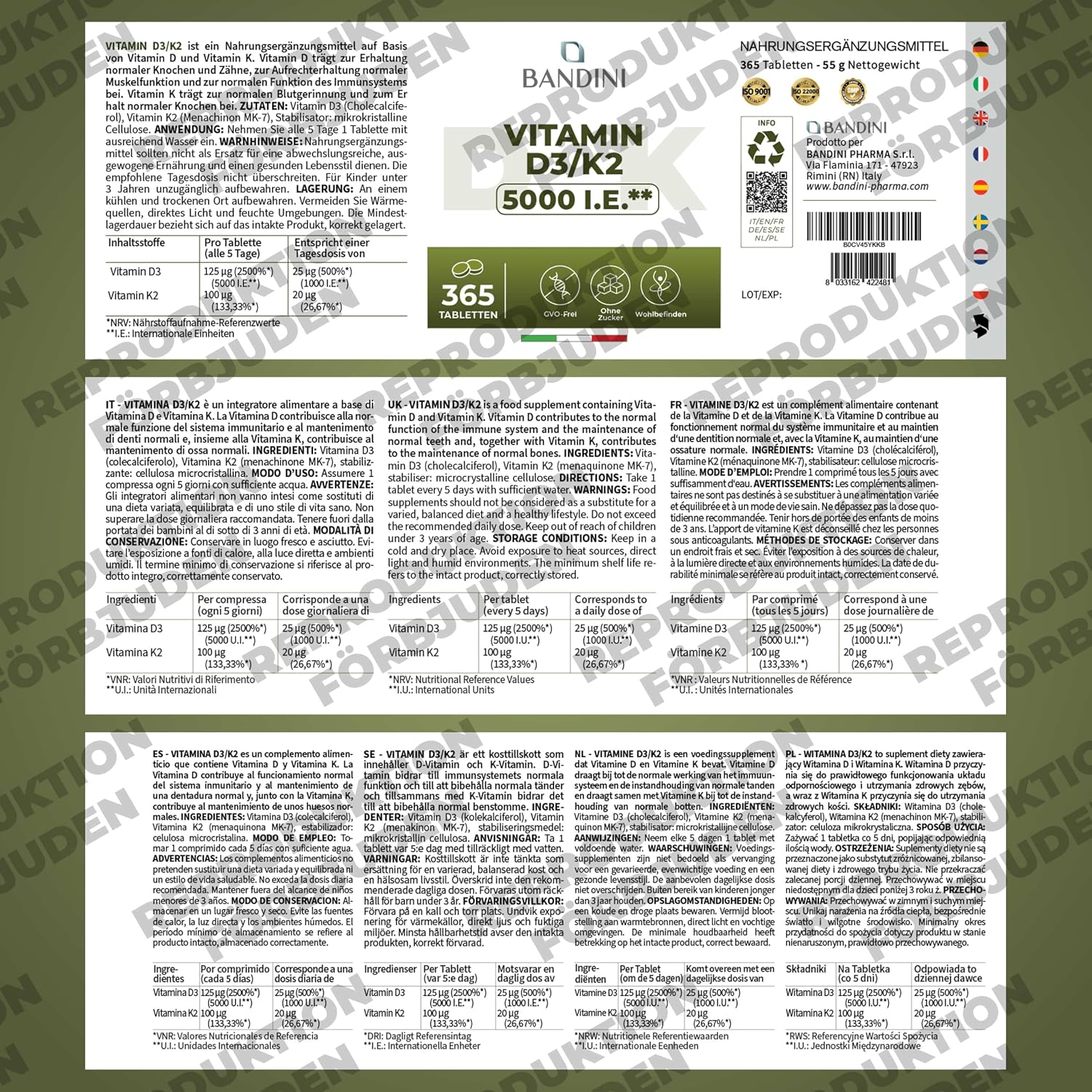 Detalle 1 de BANDINI Vitamin D3 + K2, 365 tabletter med 125 µg D3 och 100 µg K2