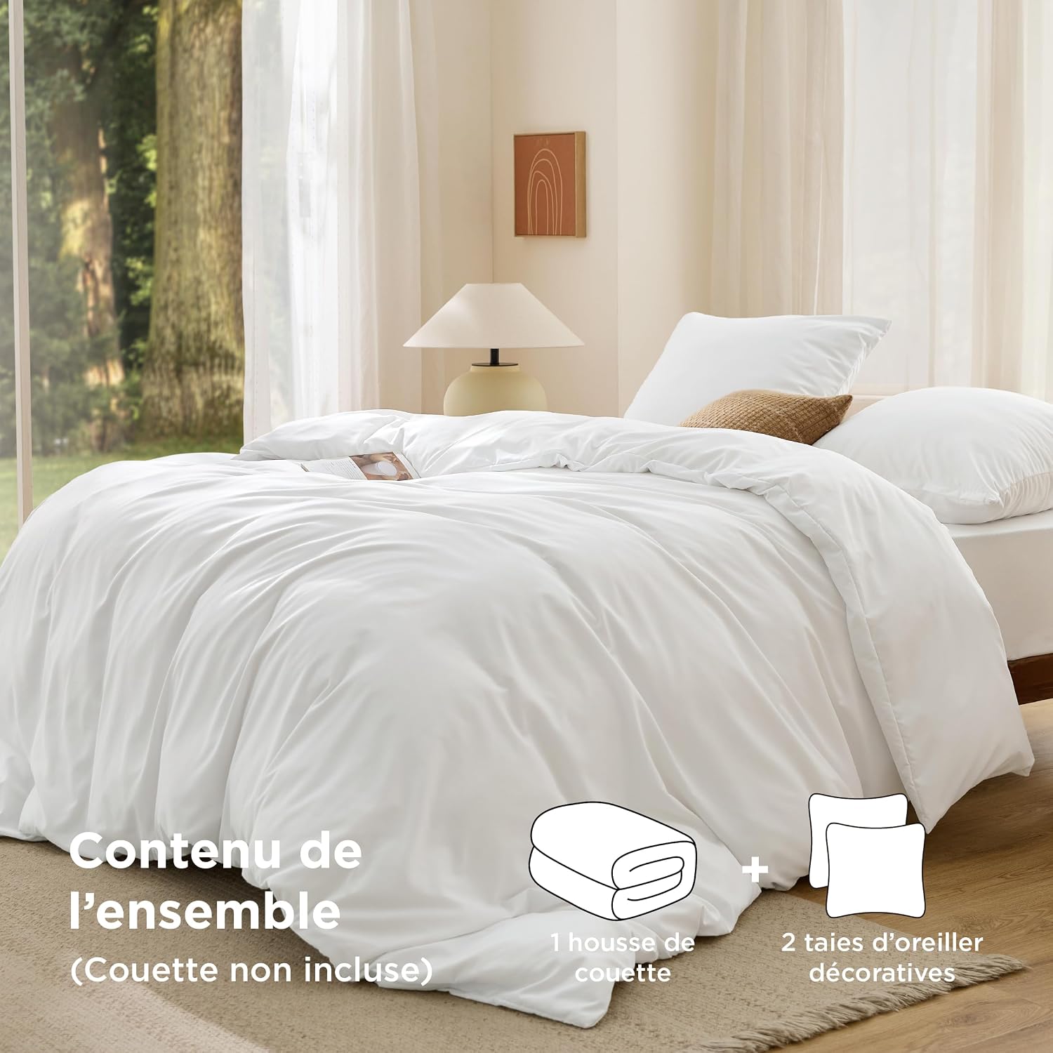 Detalle 2 de Bedsure Parure housse de couette 260x240 cm en microfibre polyester certifiée Oeko-TEX (blanc) + 2 taies 65x65 cm