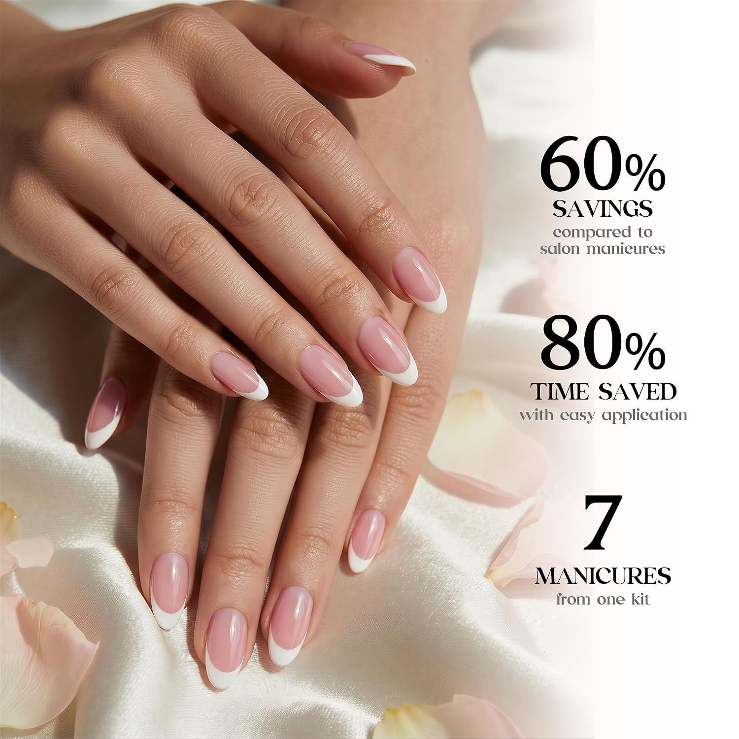 Detalle de Beetles French Tips Press On Nails: 224 Pink Short Almond Nails (16 Sizes)