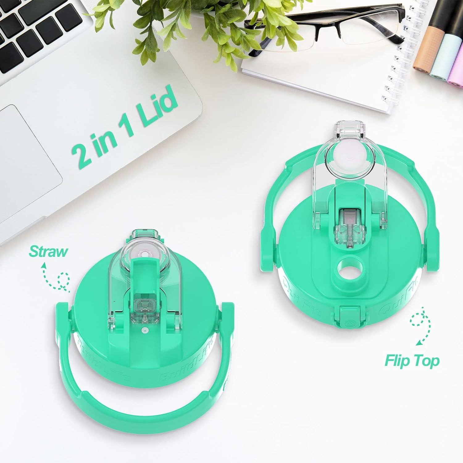 Detalle de BuildLife 2-in-1 Straw & Flip Cap 2.5 L Water Bottle with Time Markings (Purple/Green) – BPA Free, Wide Mouth