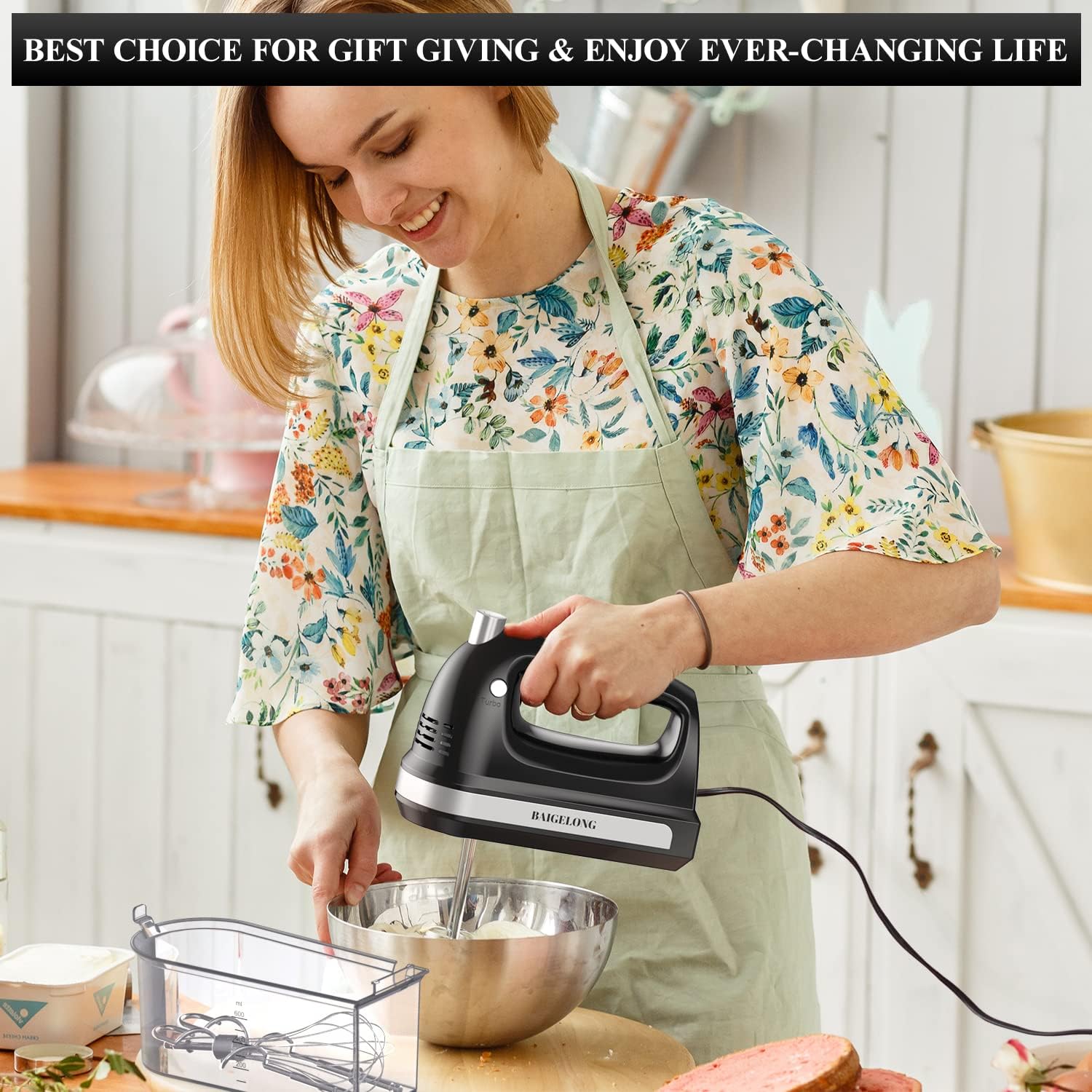 Thumbnail 6 de BAIGELONG Hand Electric Mixer 300W with 5 speeds, turbo boost and 5 stainless steel attachments (black)