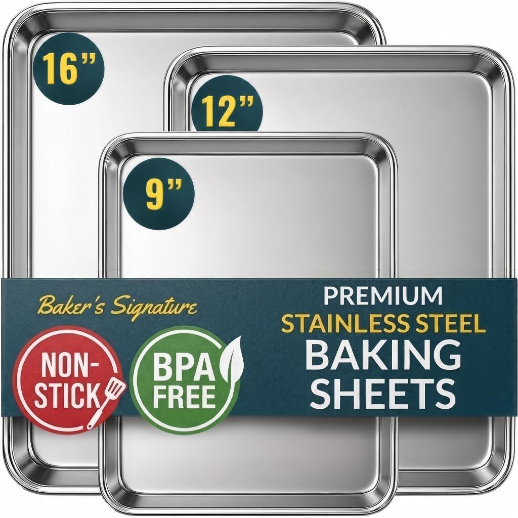 Baker’s Signature Stainless Steel Cookie Sheet Pan Set (3-Piece) — Mirror Finish, Non-Stick, BPA Free