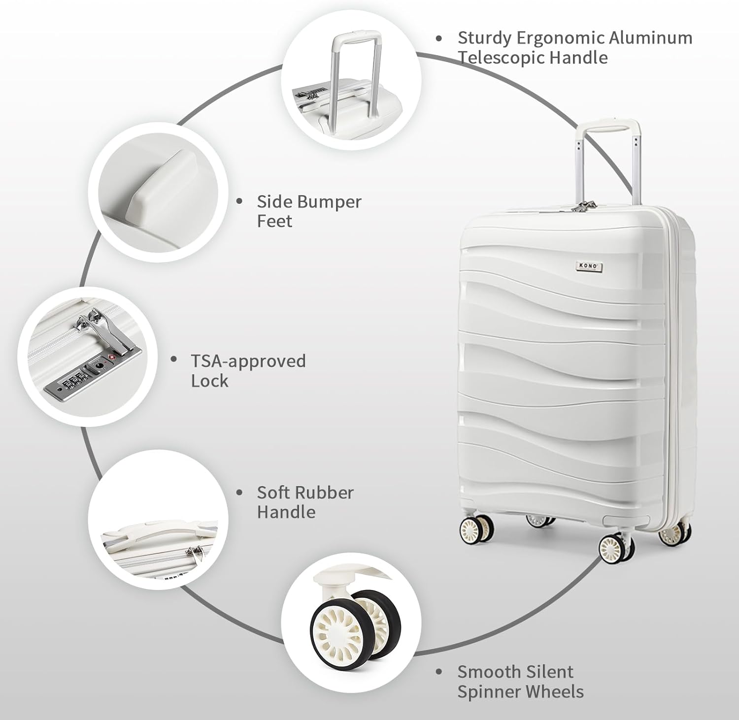 Thumbnail 5 de Kono 2-Piece Lightweight Polypropylene Hard Shell Luggage Set with TSA Lock and 360° Spinner Wheels (White)