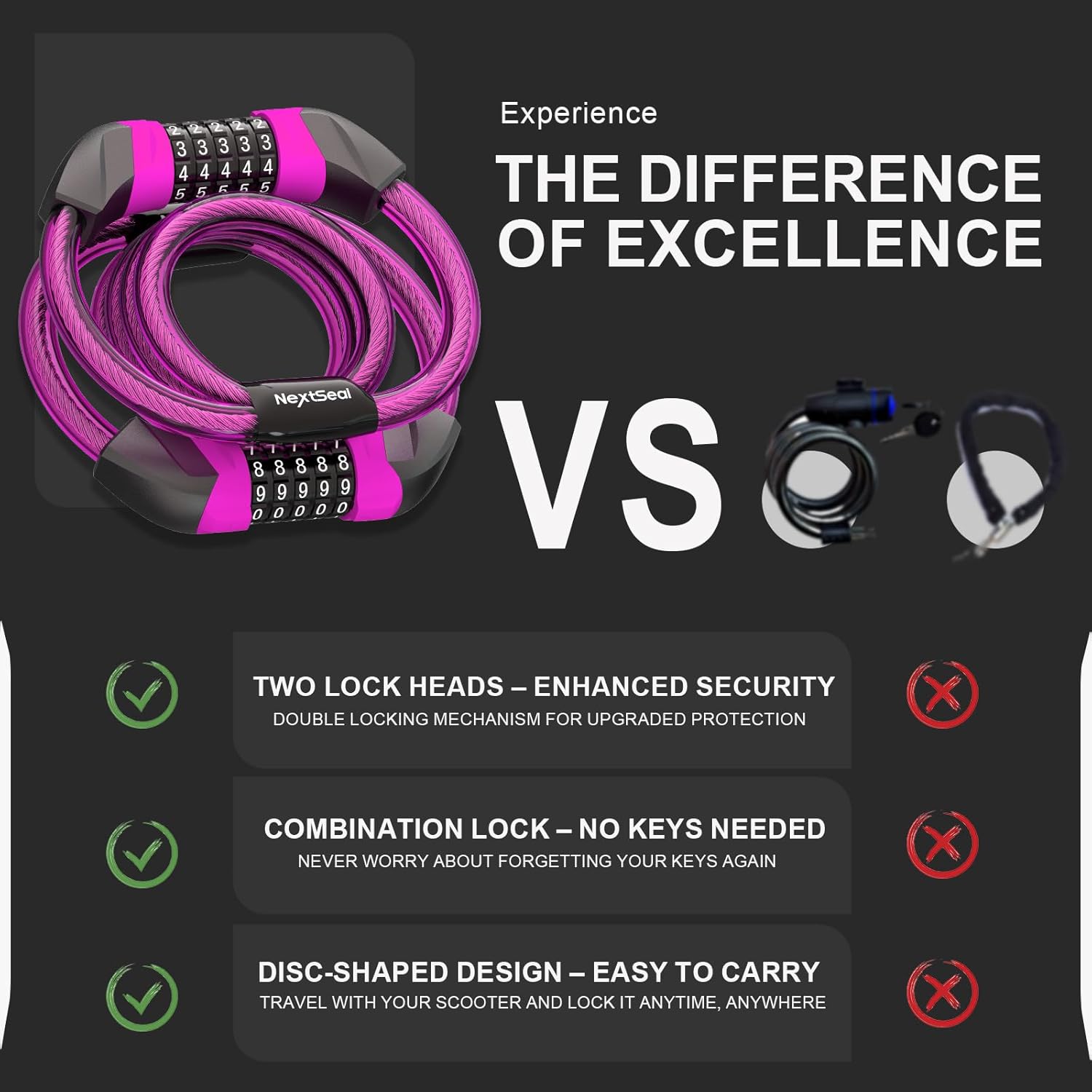 Thumbnail 4 de NextSeal E-Scooter Schloss mit Doppel-Zahlenschloss, 5-stelligem Code und 12-mm-Kabel (105 cm)