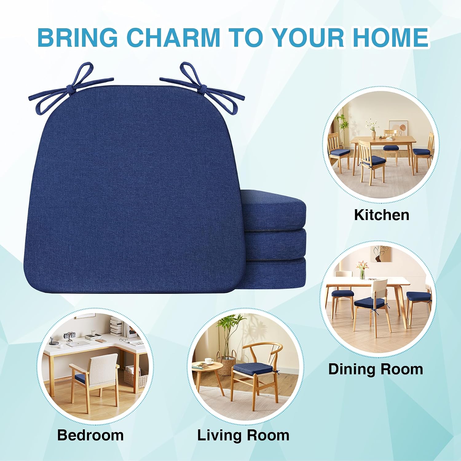 Thumbnail 6 de IASEAHK Chair Cushions for Dining Chairs (Set of 4) – 17" x 16" x 2" Navy Blue, Non-Slip with Ties