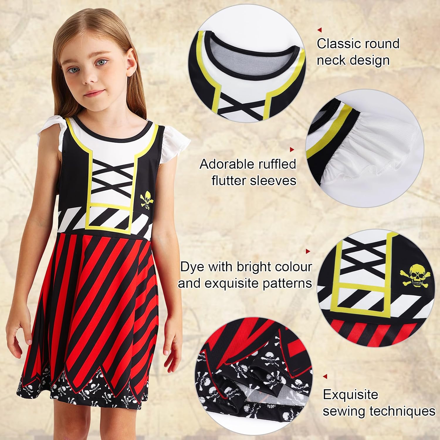 Detalle 2 de Eledobby Girls Pirate Costume Dress, Knee-Length Cartoon Print with Flutter Sleeves