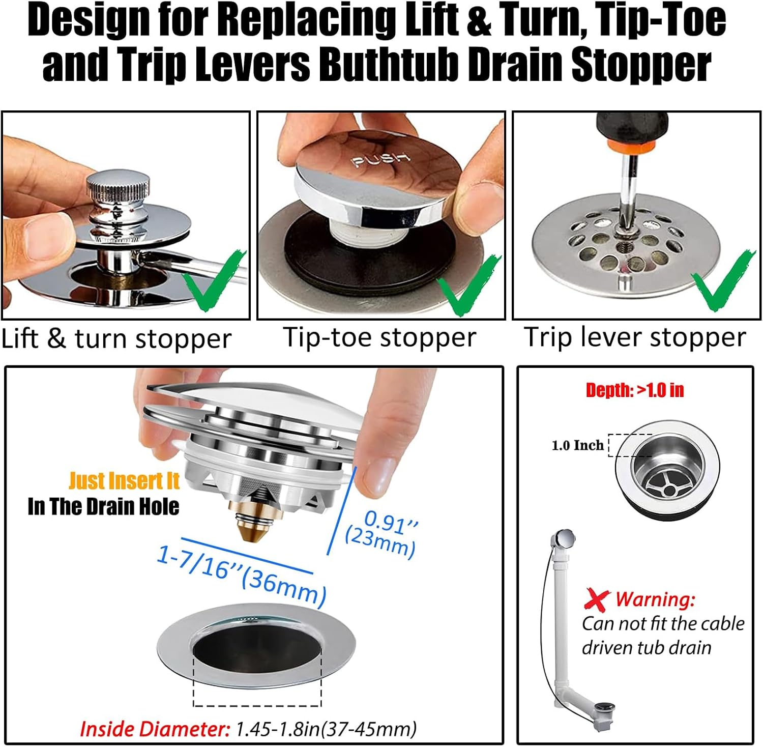Detalle 2 de Anlige Pop-Up Bathtub Drain Stopper with Hair Catcher, Chrome Silver