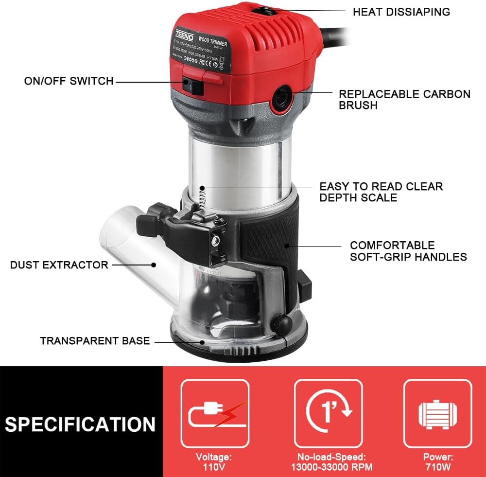 Detalle 2 de TEENO TEENO-5567 Compact Wood Router, 6-Speed, 15-Bit Set