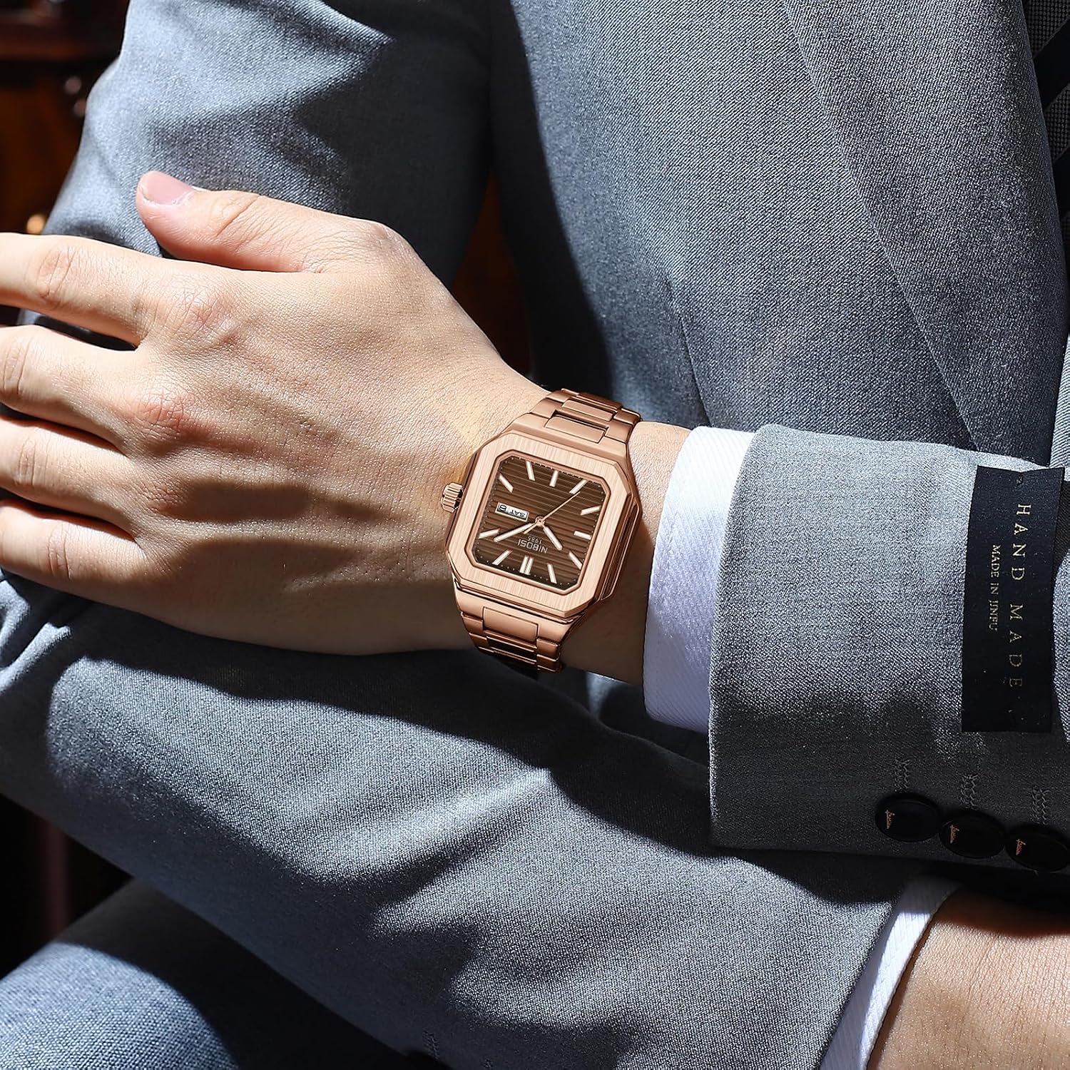 Detalle de NIBOSI Orologio da polso da uomo analogico al quarzo in acciaio inox quadrato impermeabile 3 ATM stile business