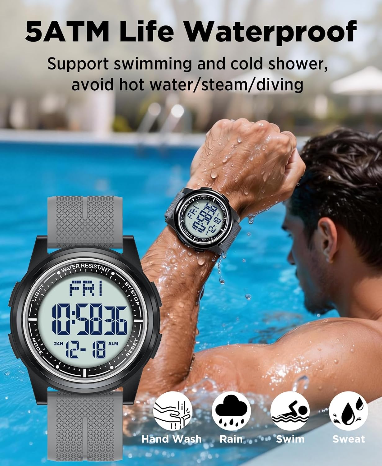 Detalle de WIFORT Mens Watches Waterproof Sports Digital Watch – Ultra-Thin, 5 ATM, Dual Time & Chronograph