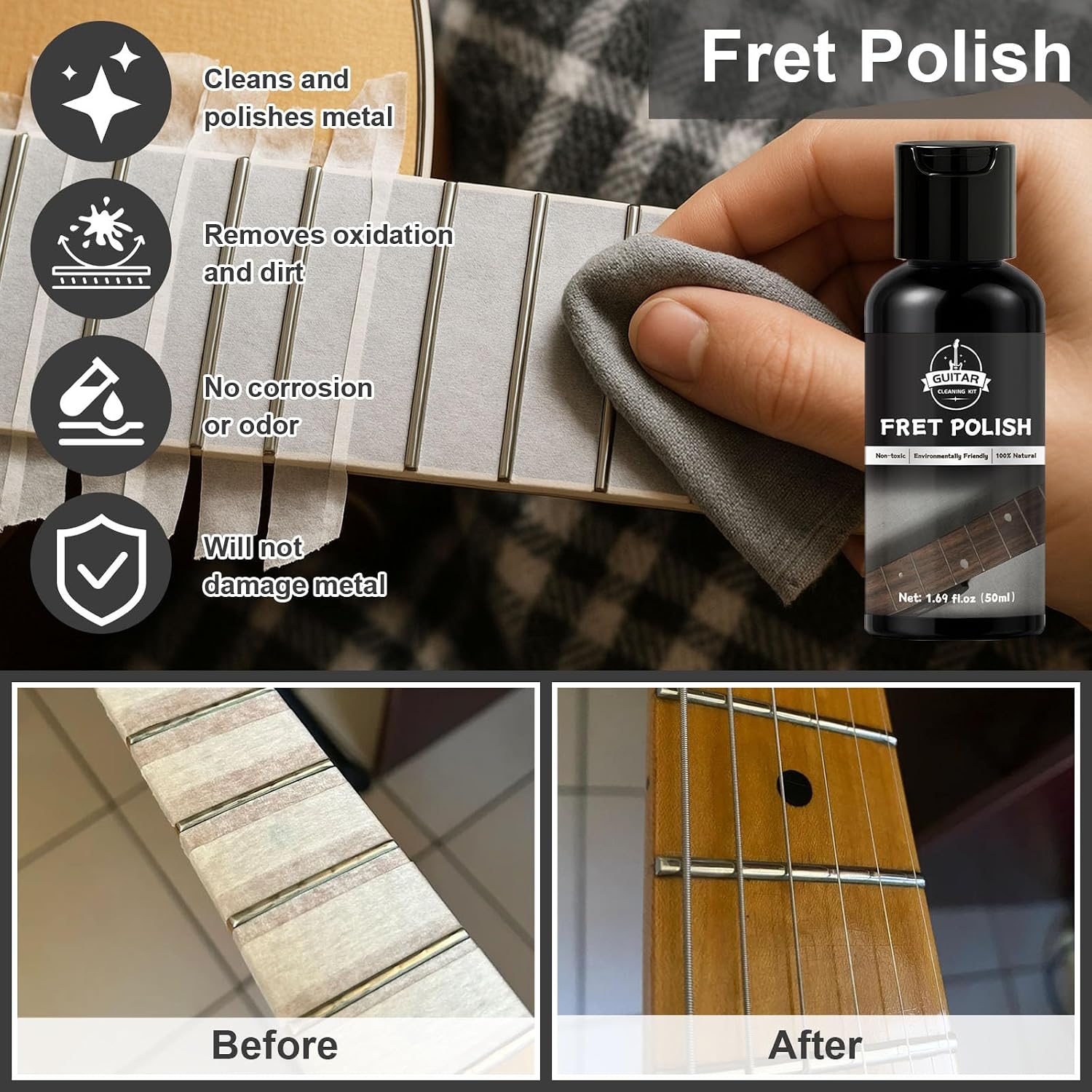 Detalle 2 de WAN2TLK 9-delige gitaarreinigingsset met toetsolie en frets polish