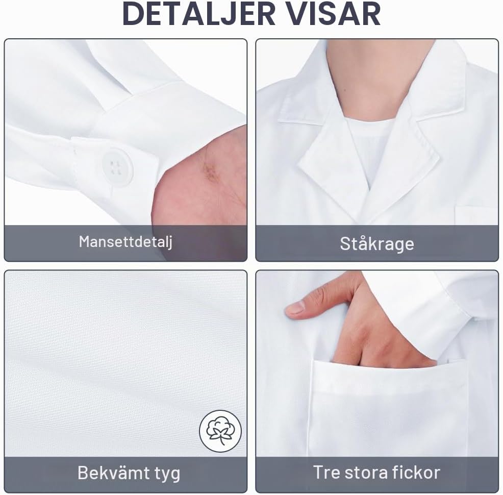 Thumbnail 4 de AUYAO labbrock för vuxna, unisex i vitt med tre fickor och knappmanschetter
