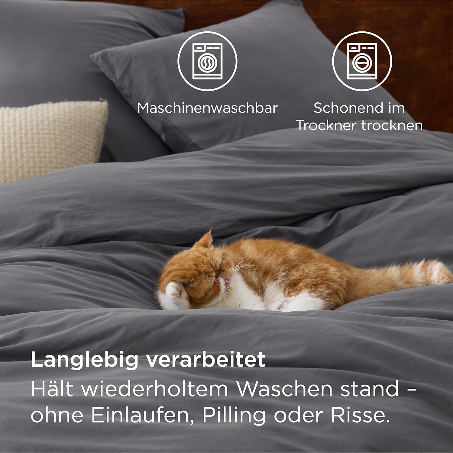 Thumbnail 4 de BEDSURE Bettwäsche 135x200 Baumwolle 4-teilig grau – waschbare Leinen-Textur, Reißverschluss, OEKO-TEX