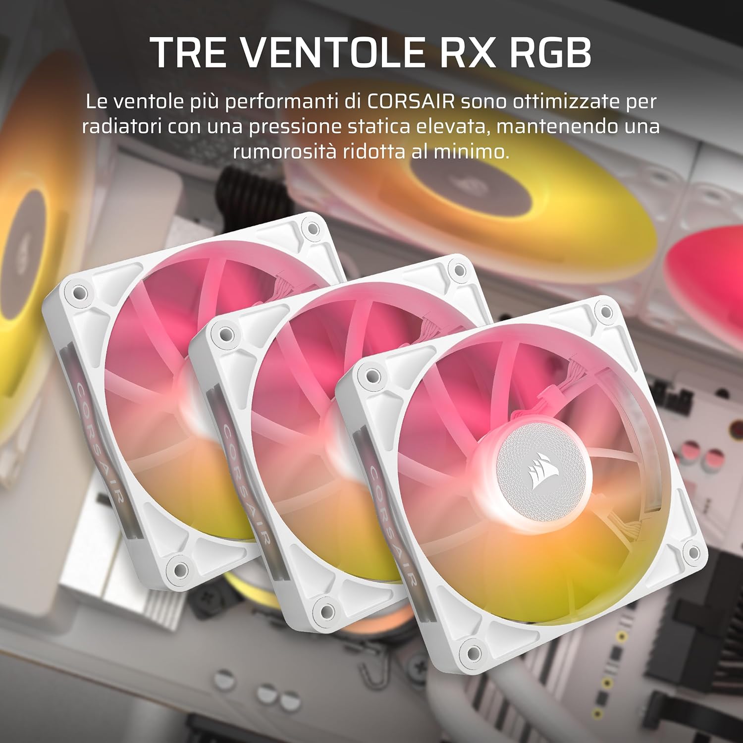 Detalle de CORSAIR iCUE LINK TITAN 360 RX RGB AIO 360mm con Hub iCUE LINK e 3 ventole RX120 RGB bianche