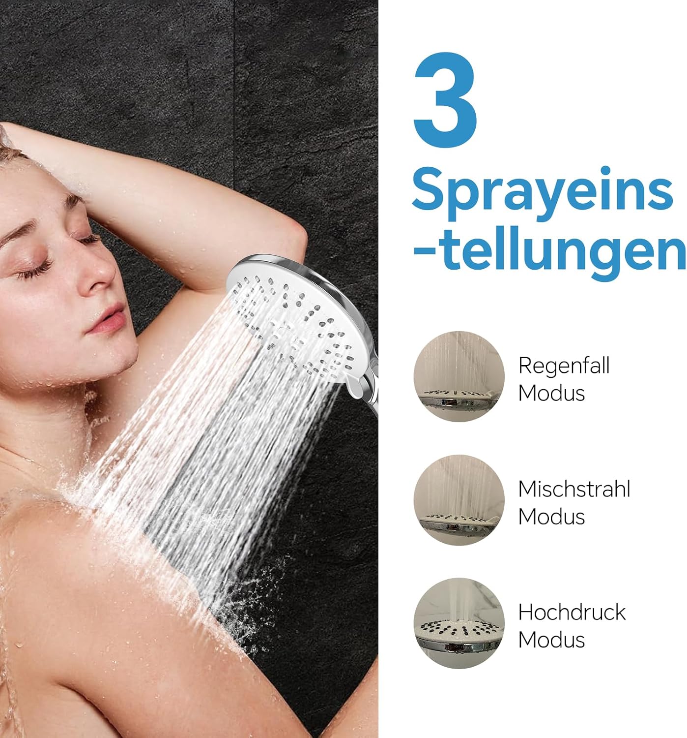 Detalle 2 de Soffione Doccia Alta Pressione 3 Modi con Ugelli in Silicone – Doccino Anticalcare, Installazione Facile
