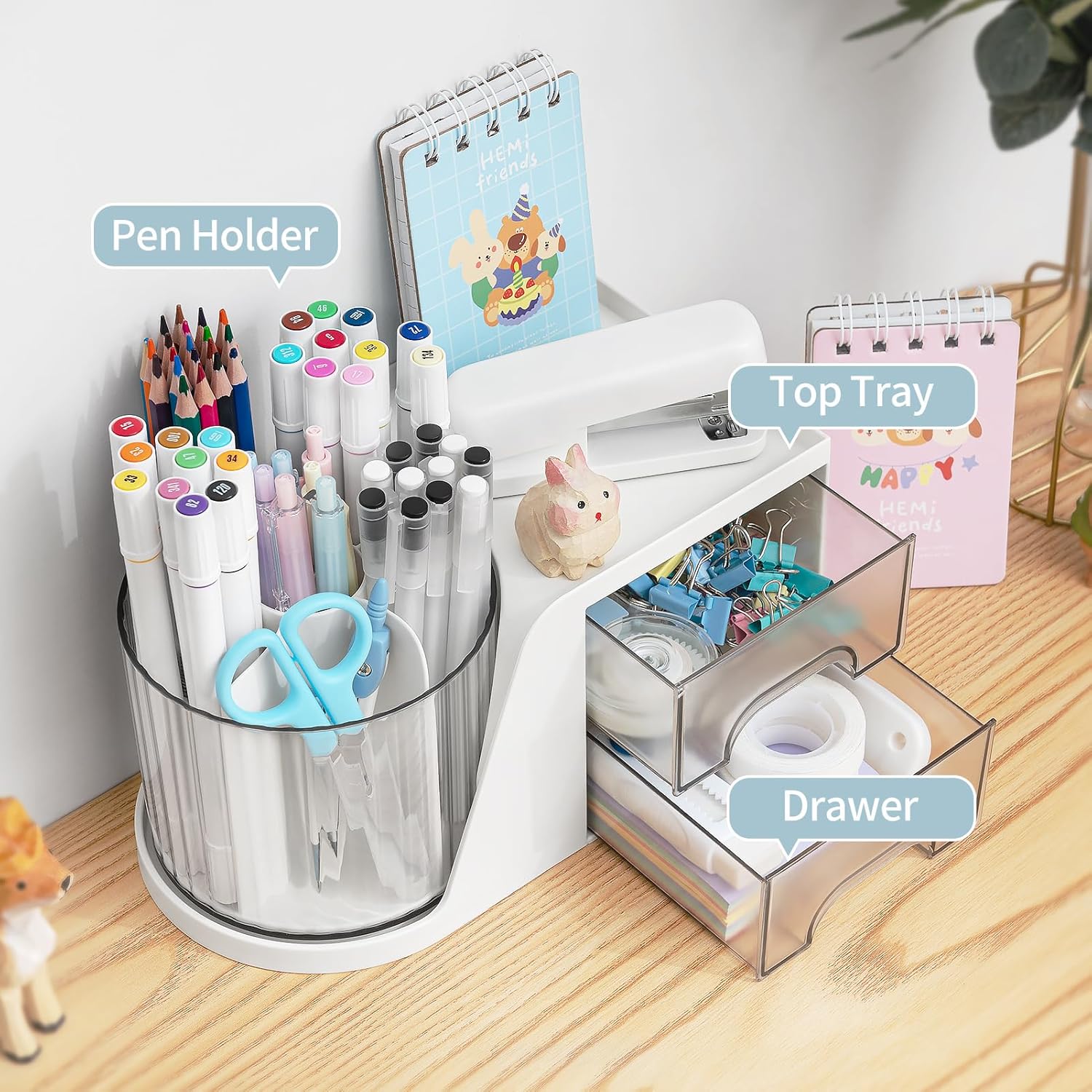Detalle de RISEMART Drehbarer Schreibtischorganizer mit 2 Schubladen – 4 Fächer, Stifthalter und oberes Regalorganizer