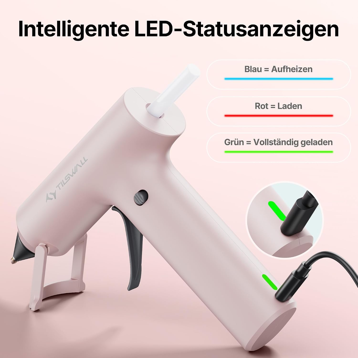 Thumbnail 6 de Tilswall Kabellose Heißklebepistole – Mini, 2000 mAh Akku, 170 °C, 40–60 min Laufzeit, 20 Klebestifte, Rosa
