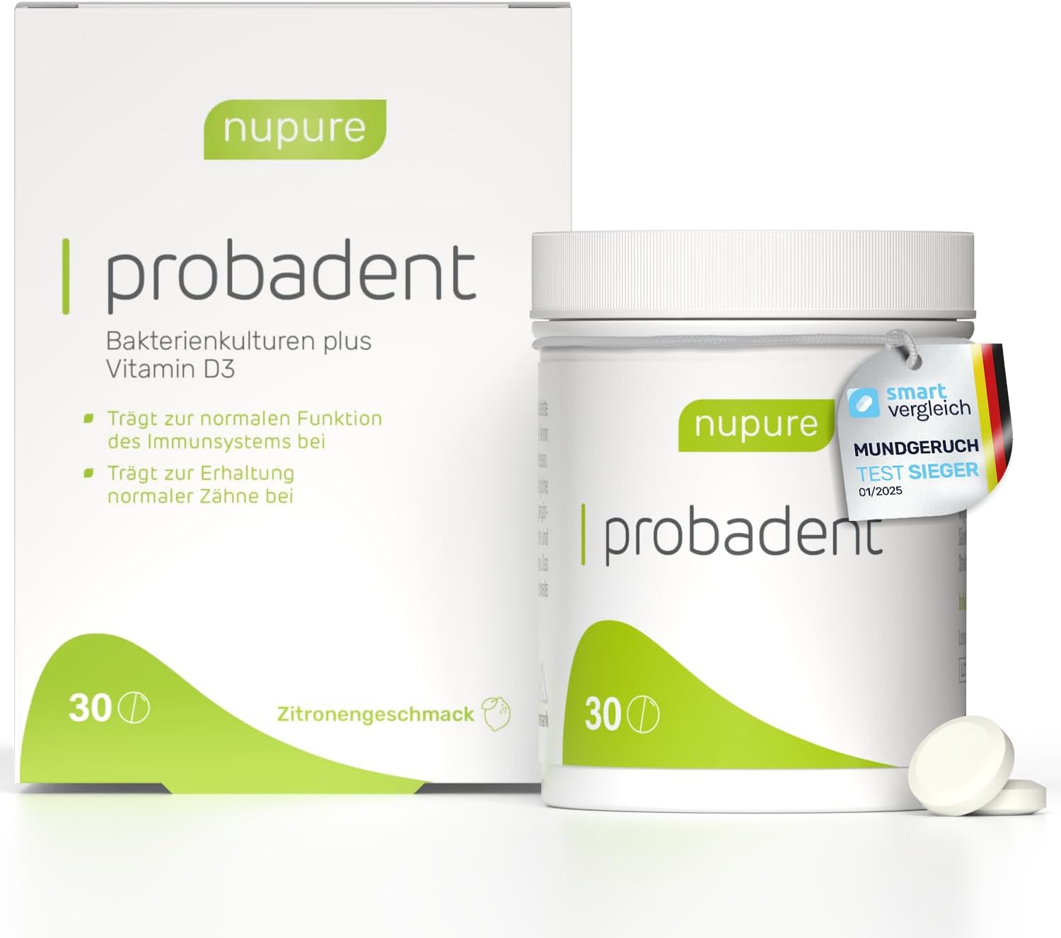 Thumbnail 4 de Nupure Probadent Lutschtabletten gegen Mundgeruch mit Milchsäurekulturen und Vitamin D3 – Zitronengeschmack, 90 Kapseln
