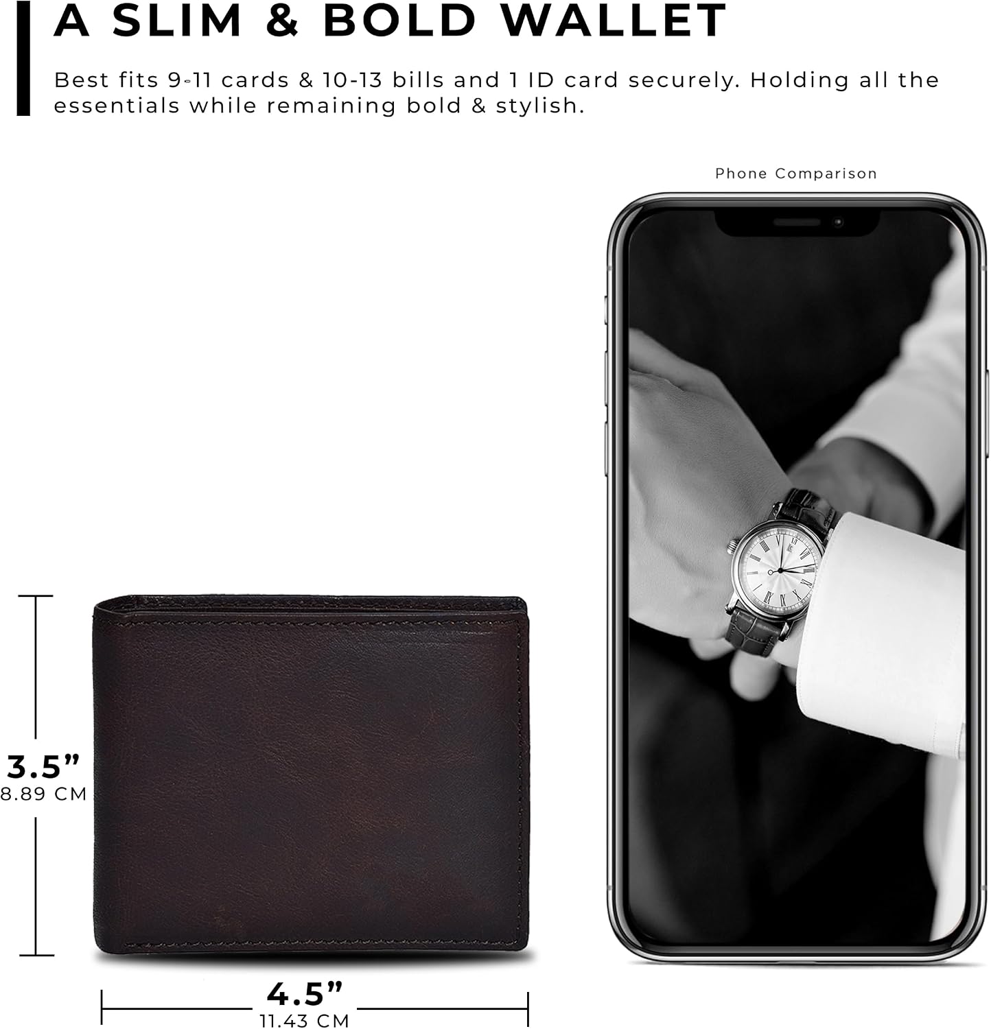 Detalle de Oak Leathers brown leather bi-fold wallet for men with 9 card slots and RFID blocking