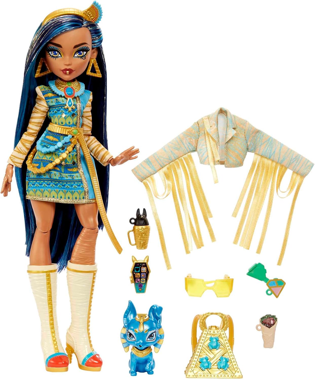 Detalle de Monster High Cleo De Nile HHK54 modedocka med hund och accessoarer