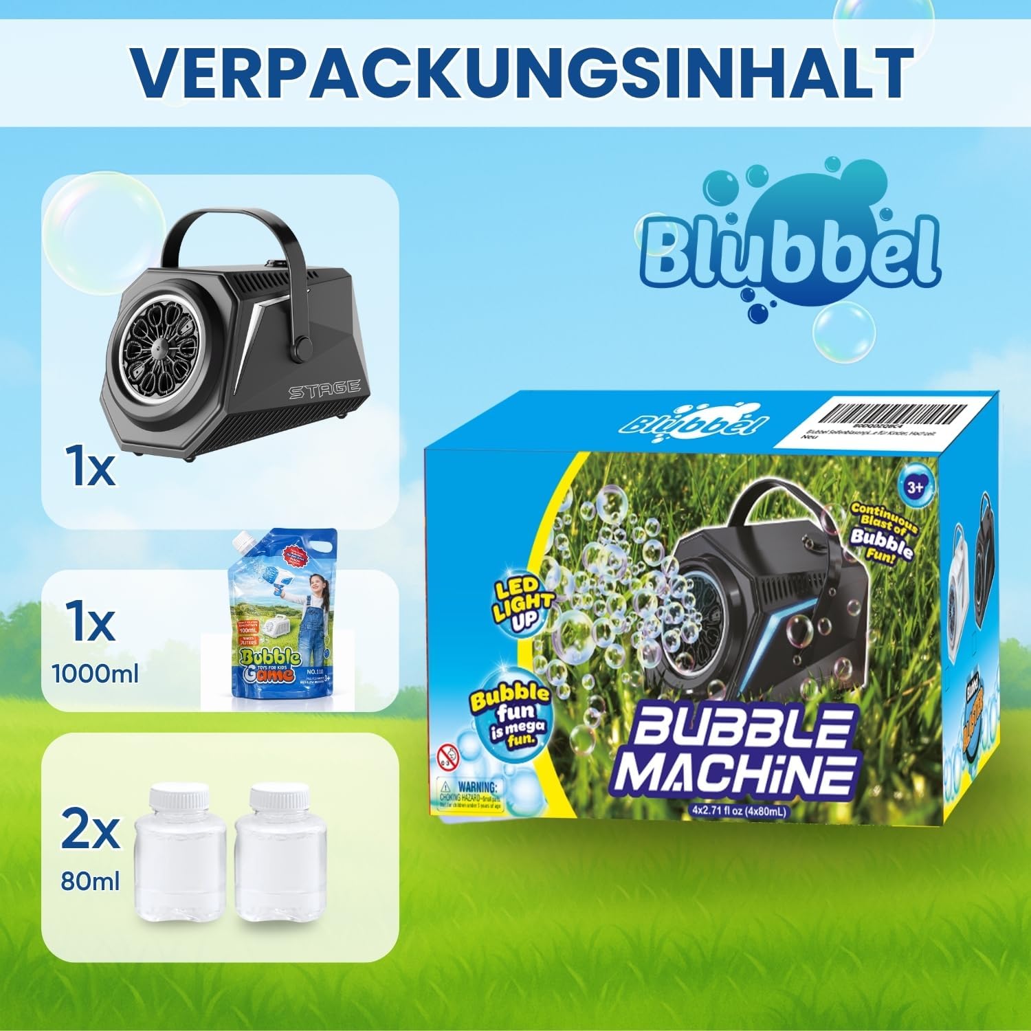 Detalle 2 de Blubbel LED Seifenblasenmaschine mit 1L Seifenblasenflüssigkeit – 10 Düsen, batteriebetrieben