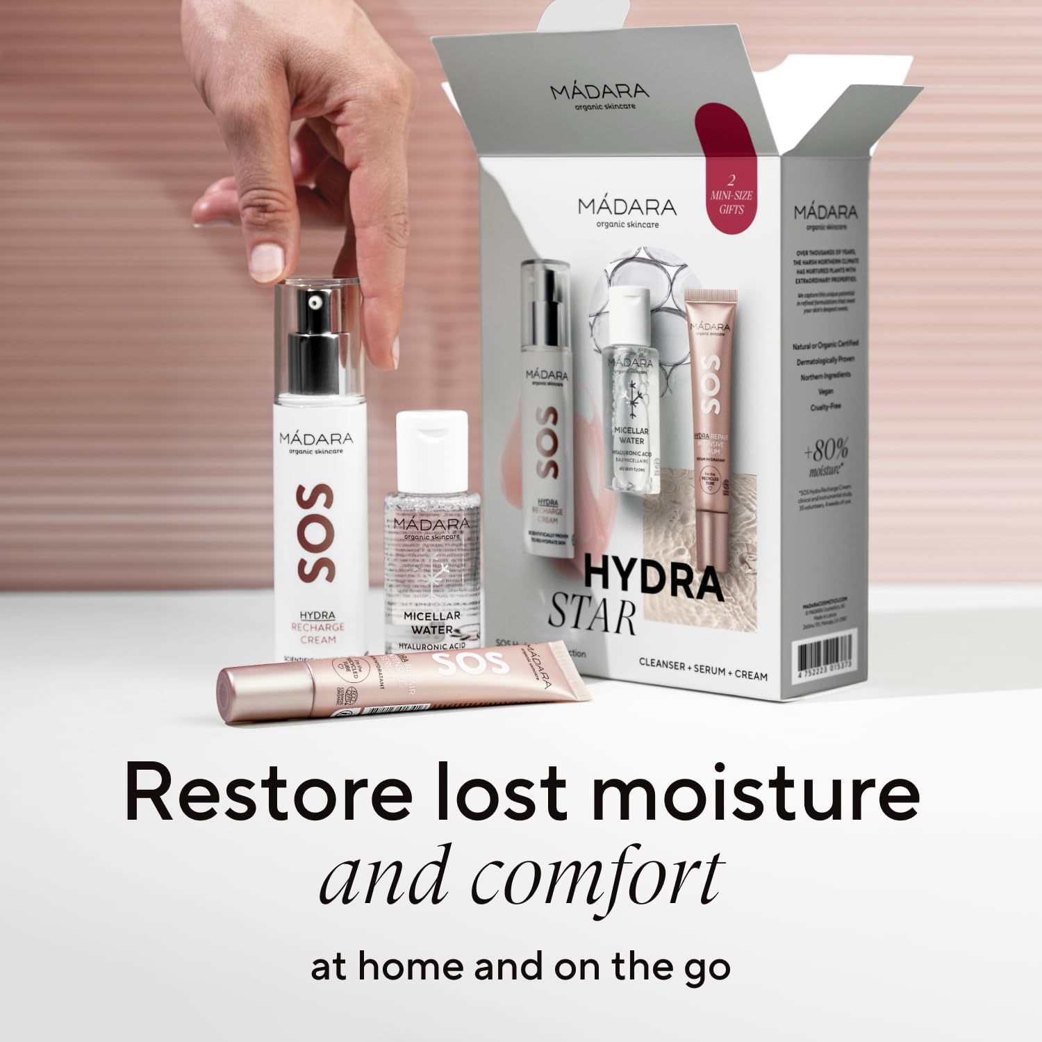Thumbnail 2 de MÁDARA SOS Hydra Star Collection Coffret cadeau – 3 pièces (eau micellaire, sérum hydratant réparateur et crème)