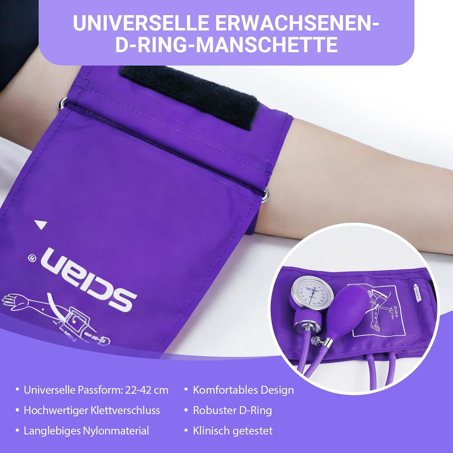 Detalle de SCIAn Blutdruckmessgerät Manuelle mit europäischer Manschette 22–42 cm – D-Ring, Tragetasche, für Krankenpfleger, Ärzte, Senioren