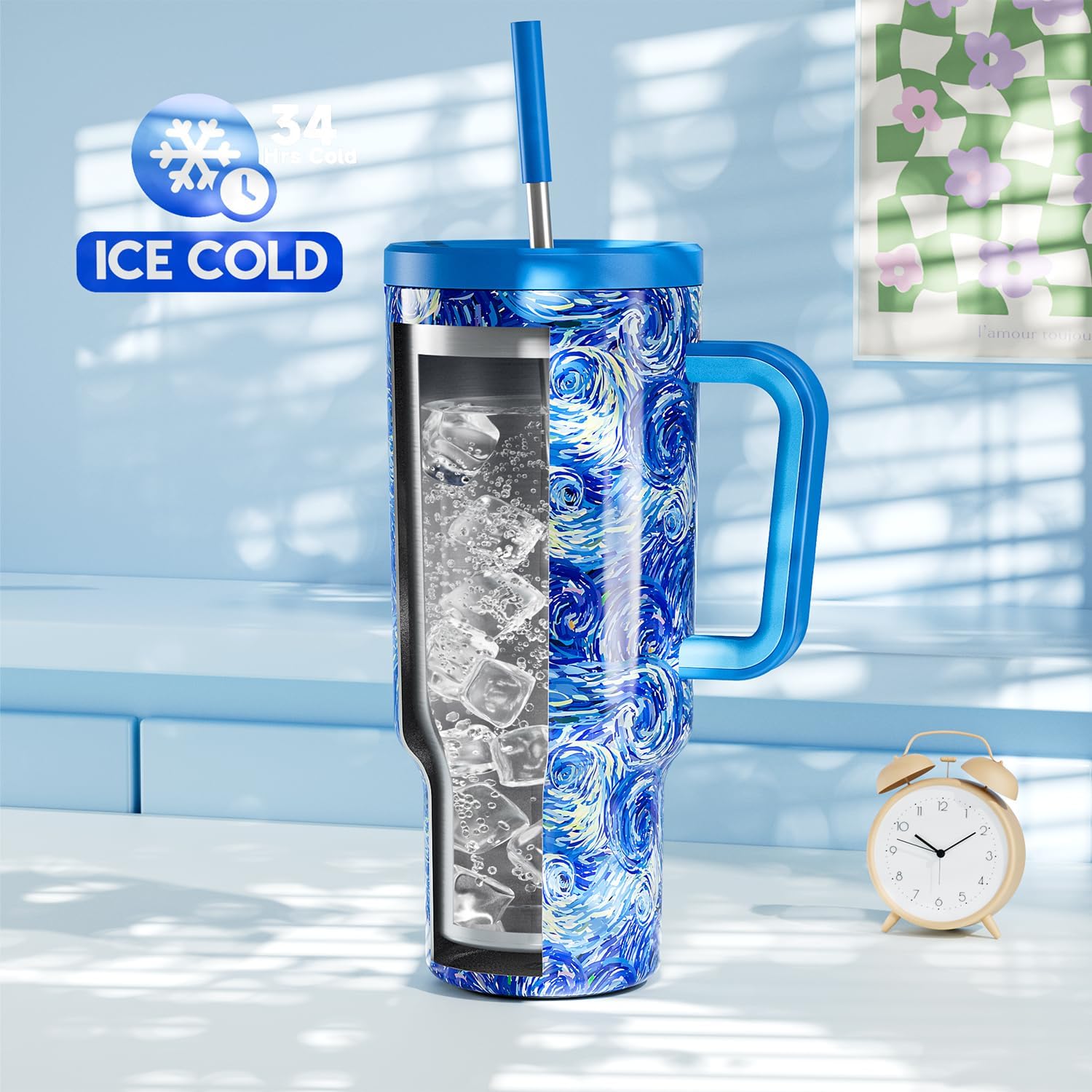 Detalle 2 de Meoky 40 oz Tumbler with Handle and Straw (Van Gogh) — Insulated, Leakproof Cup for Car Holders