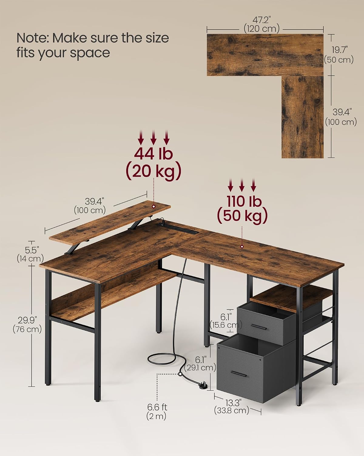 Thumbnail 1 de VASAGLE Rustic Brown L-Shaped Computer Desk with Monitor Shelf, LED Lights, 2 Drawers, 2 USB Ports