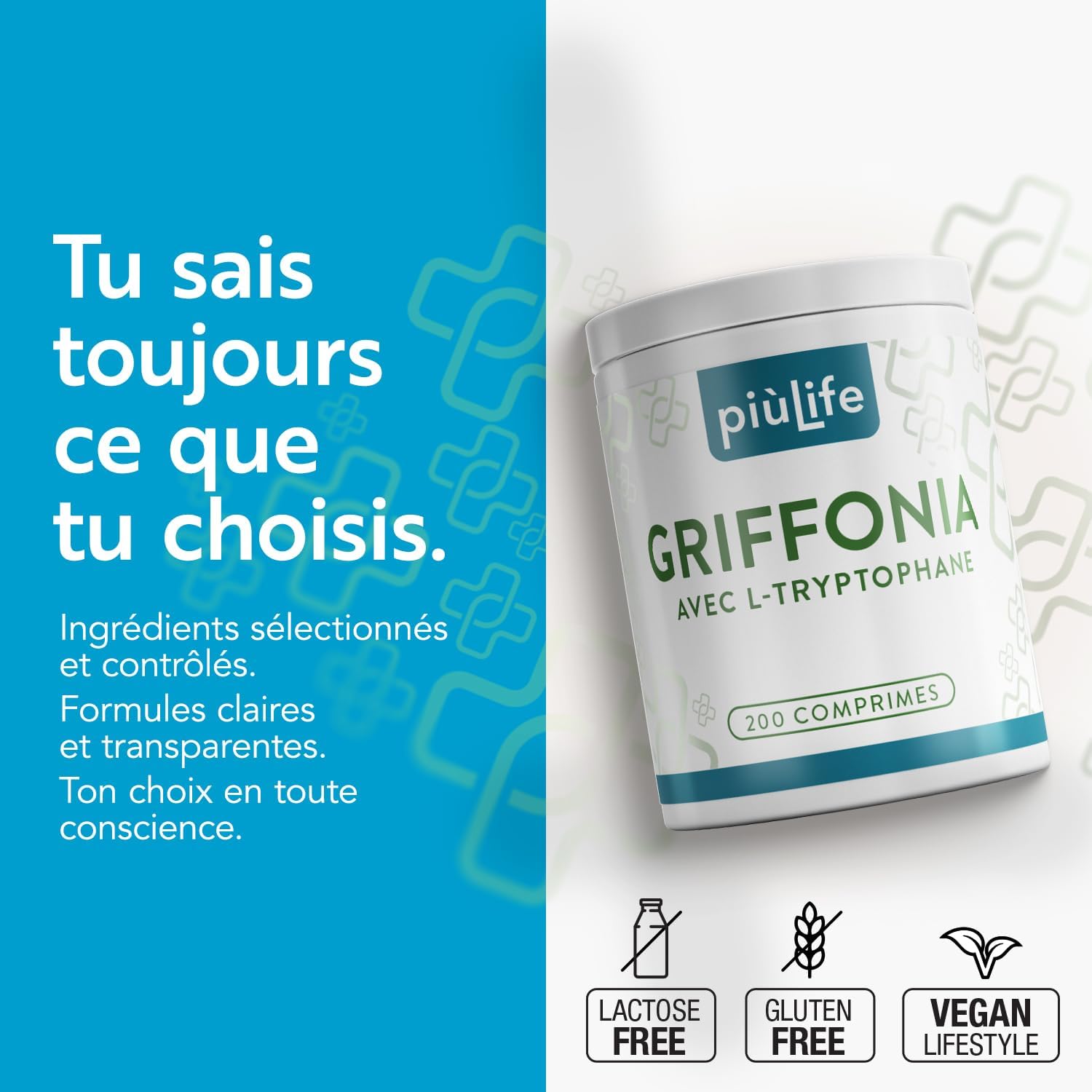 Detalle de Griffonia Simplicifolia Tryptophane PiùLife 400 mg – extrait végétal source de tryptophane