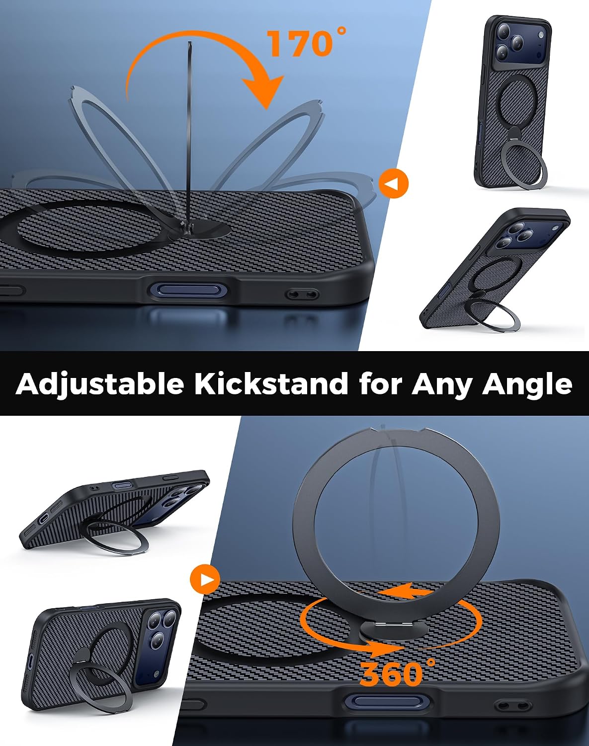Detalle de Enlafavo 360° Ring Stand Case for iPhone 17 Pro Max — Carbon Fiber, MagSafe Compatible, 15FT Drop Protection
