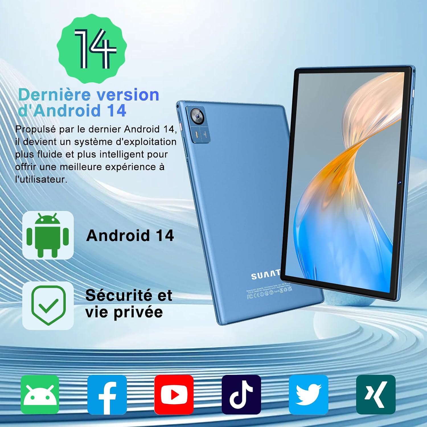 Detalle de SUAAT Tablet Android Octa Core da 10 pollici con 22 GB RAM, 128 GB ROM, 5G WiFi, FHD, Tastiera, Mouse e Custodia