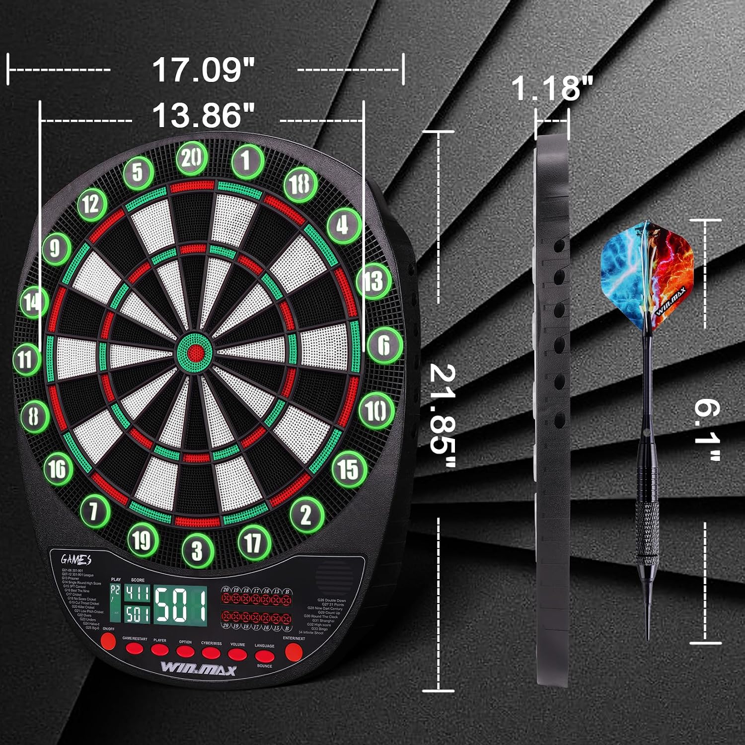 Detalle de WIN.MAX elektronisch dartbord met 34 spellen, 354 varianten en 3 ledschermen