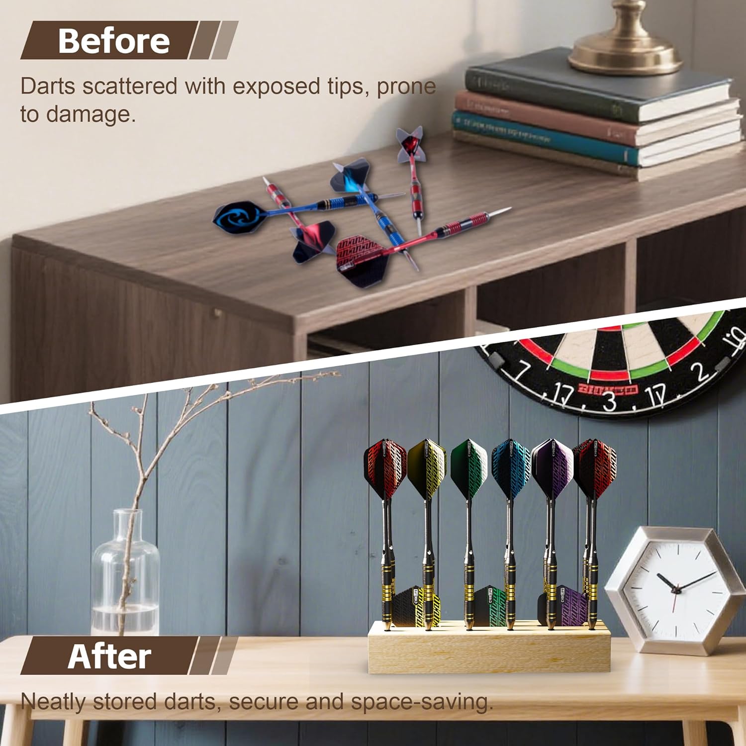 Detalle de CyeeLife Dart Stand Wall Mount wooden dart holder for 12 darts (natural wood)