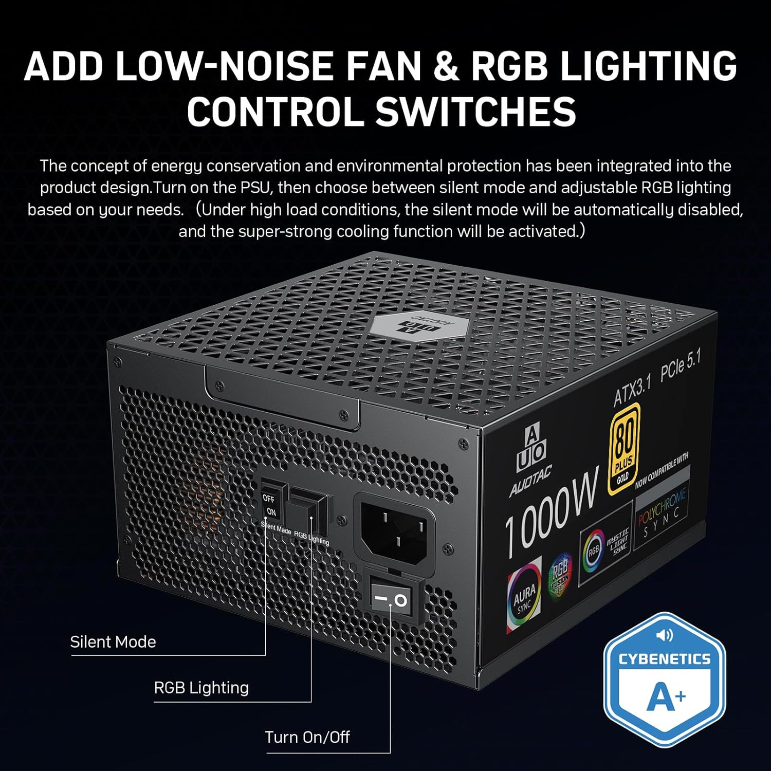 Detalle de Auotac 1000W Fully Modular Power Supply (80+ Gold, ATX 3.1 & PCIe 5.1 Ready) with RGB Silent Fan