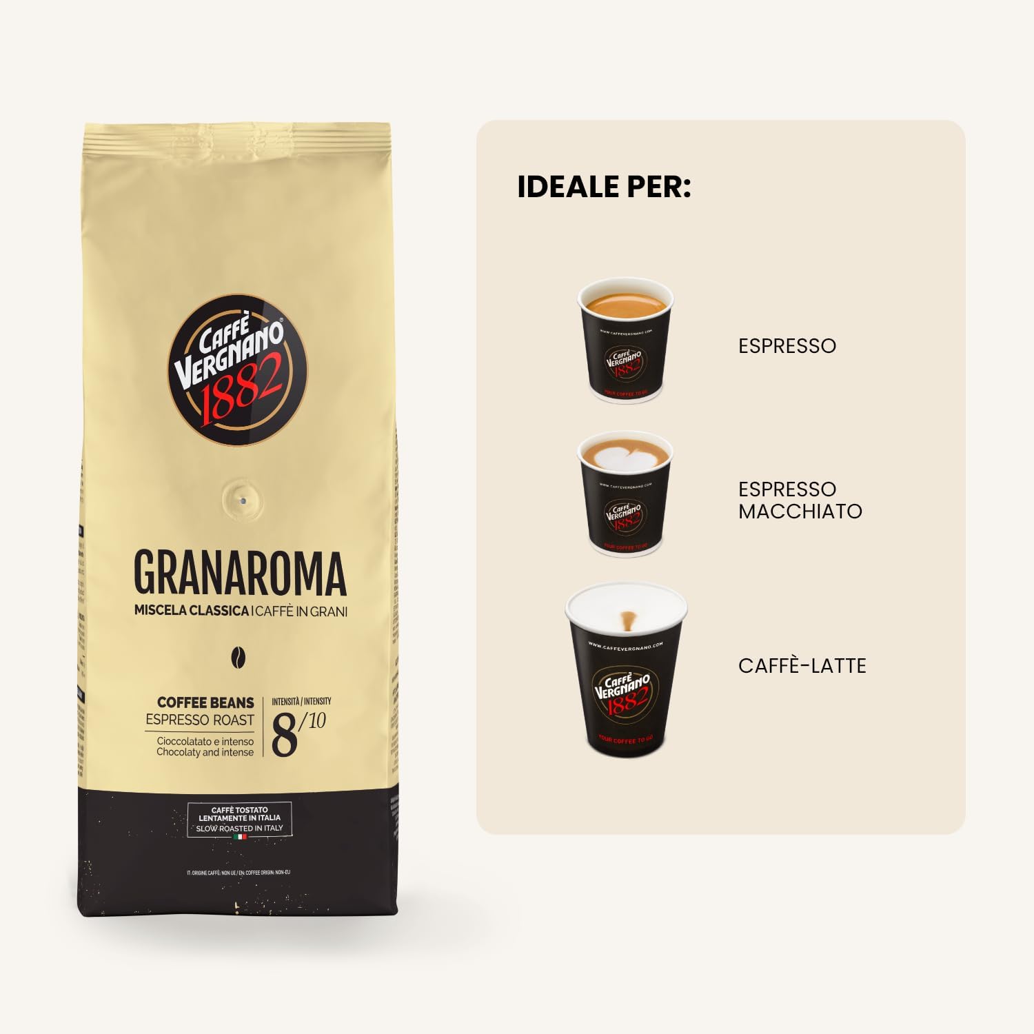 Detalle de Caffè Vergnano 1882 Granaroma in Grani, 1 Kg — eleganza e equilibrio per ogni momento
