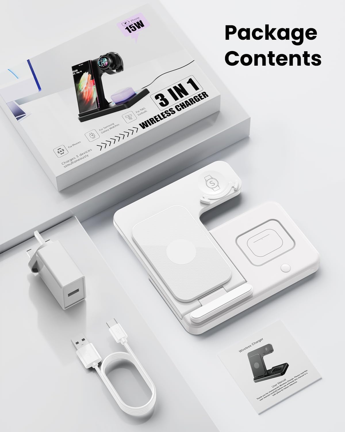 Thumbnail 6 de GEEKERA 3-in-1 Wireless Charger Dock for Samsung (Foldable stand for phone, watch & Buds) - White