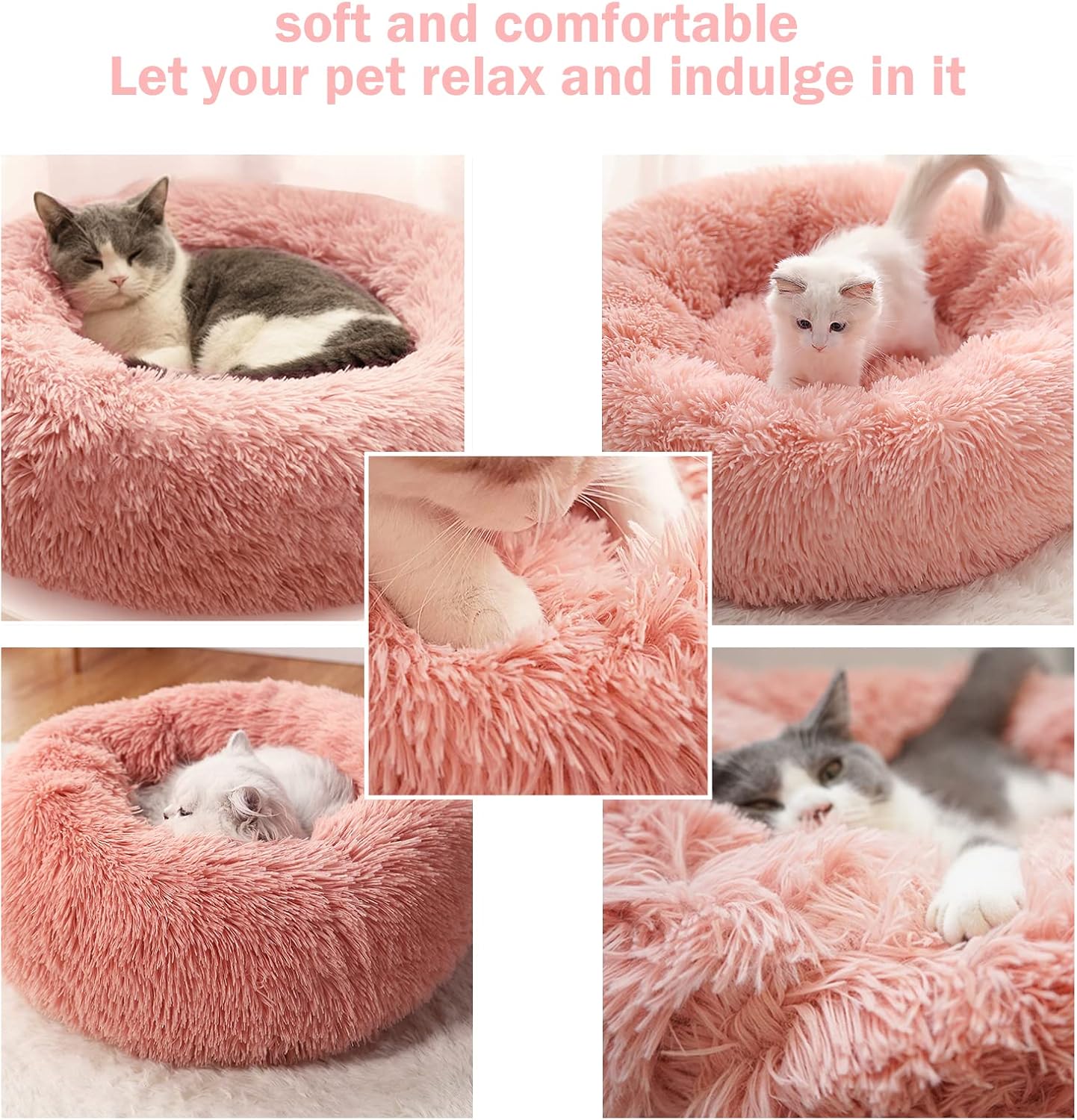 Detalle de Nepfaivy Calming Dog Cat Donut Bed - 15.75in Pink, Soft Plush Round Nest for Small Pets