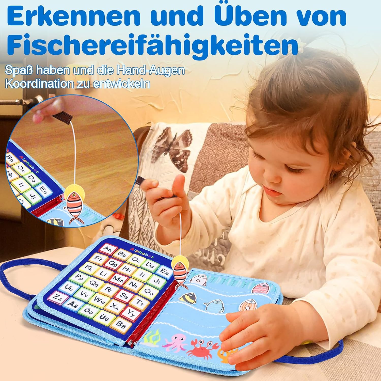 Detalle 2 de JHkim Montessori Busy Board (Deutsch) für Kinder ab 1–4 Jahre – Motorikbrett für Reise, Auto & Flugzeug