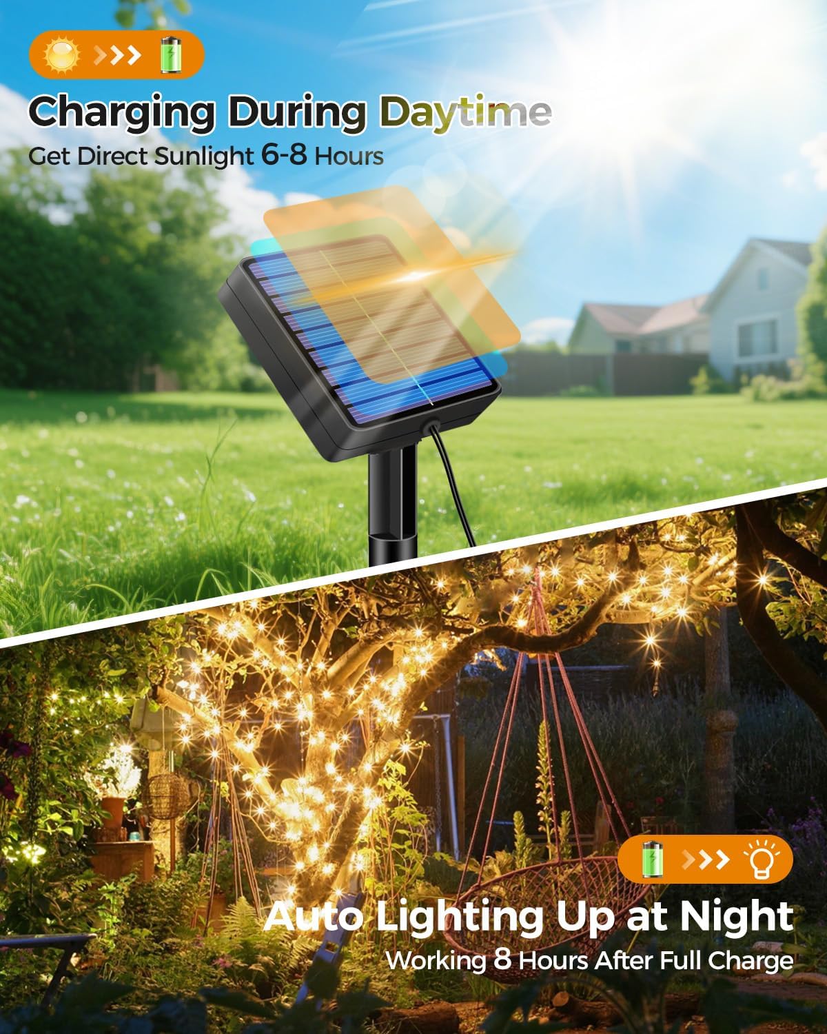 Thumbnail 1 de btfarm 2 Pack Solar Outdoor Garden String Lights with Timer, IP65 Waterproof (Warm White) – 12m total, 120 LEDs