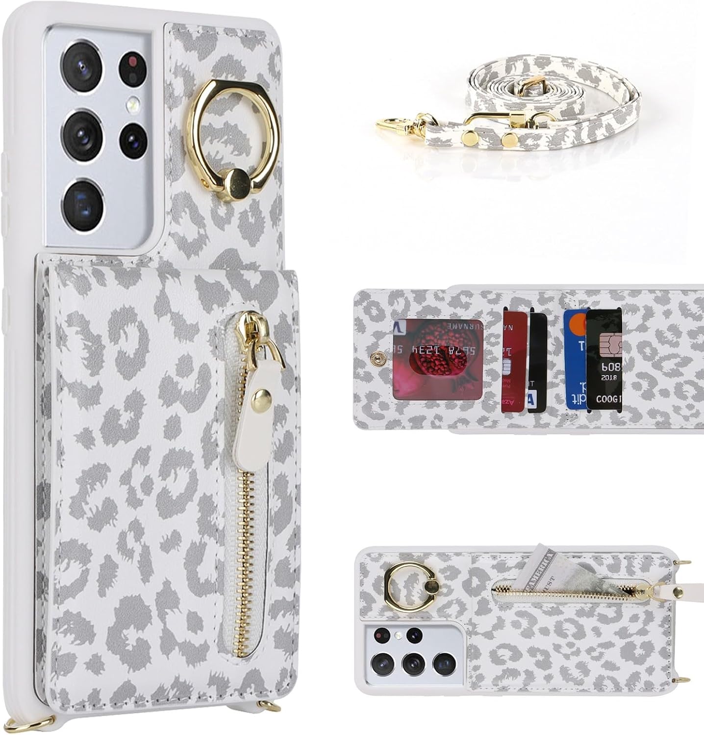Thumbnail 1 de Zouzt Wallet Case with Cord for Samsung Galaxy S21 Ultra — White Leopard