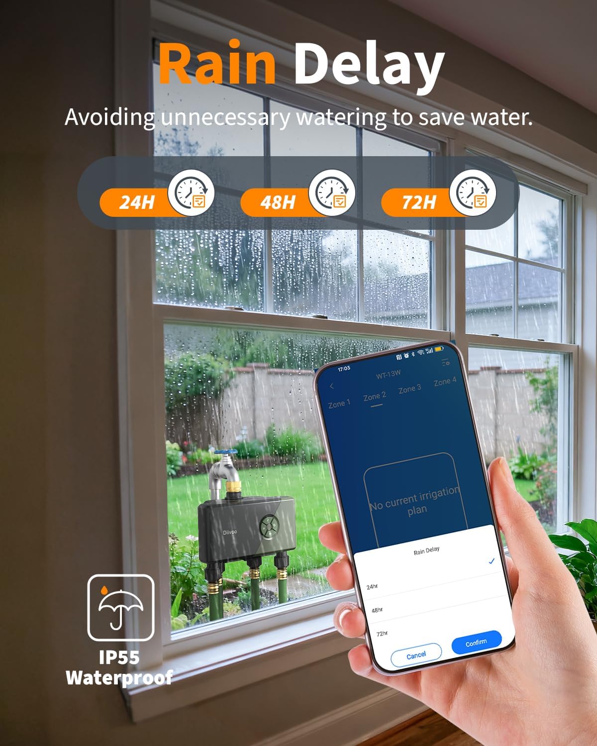 Detalle 2 de Diivoo WiFi Water Timer 4 Outlets with Brass Inlet – Smart Sprinkler Timer for Garden Irrigation