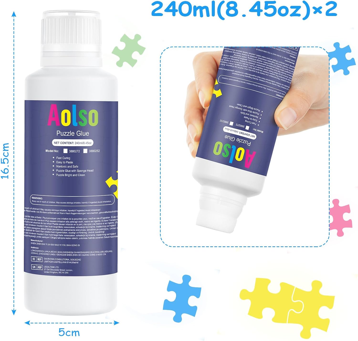 Detalle 2 de Aolso puzzellijm, 2 flessen met doseerspons, 240 ml PVA
