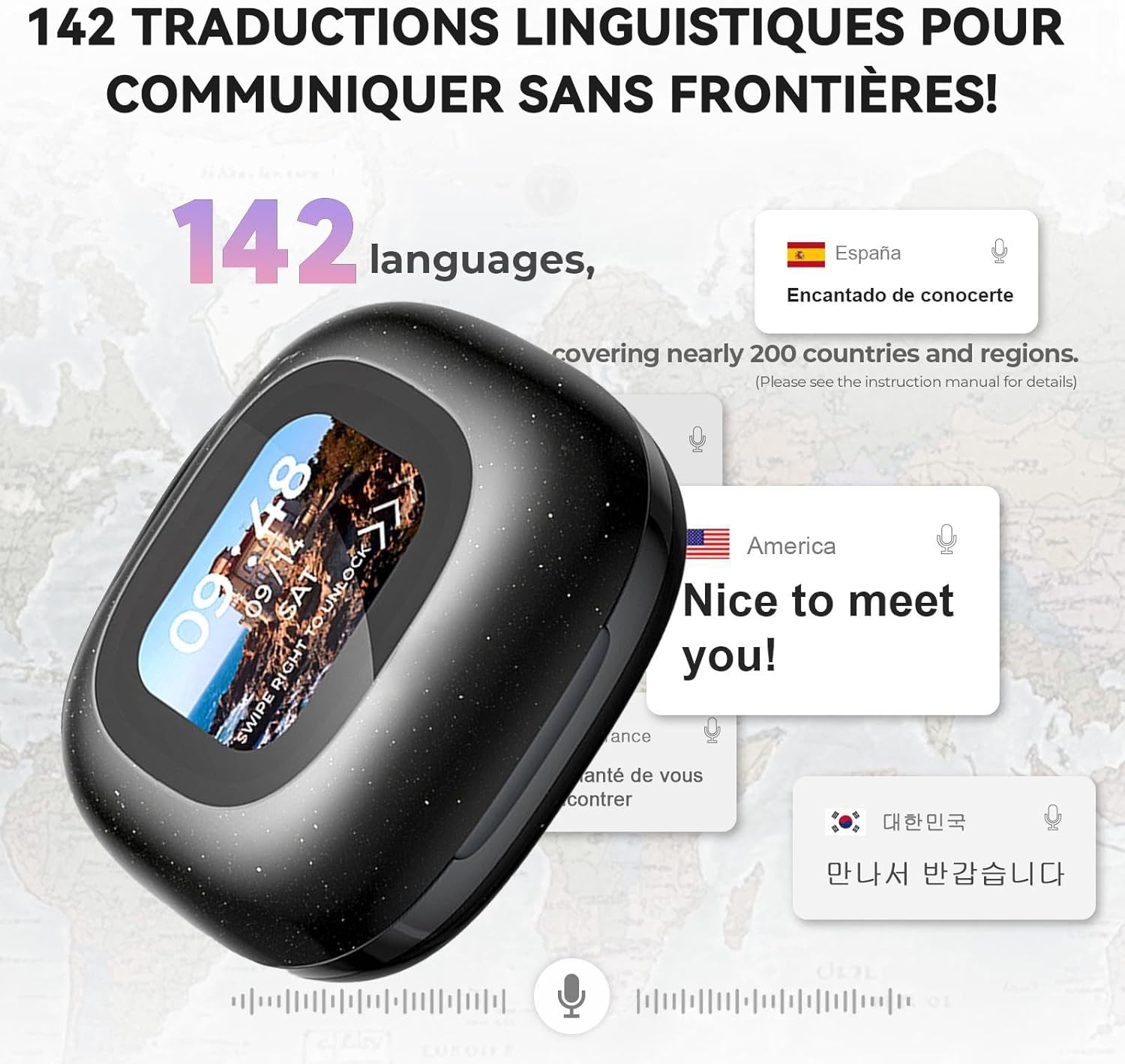Detalle 2 de AI Écouteur Traducteur Instantané 144 langues — écouteurs Bluetooth 5.4 avec écran LCD tactile, réduction du bruit et traduction en temps réel