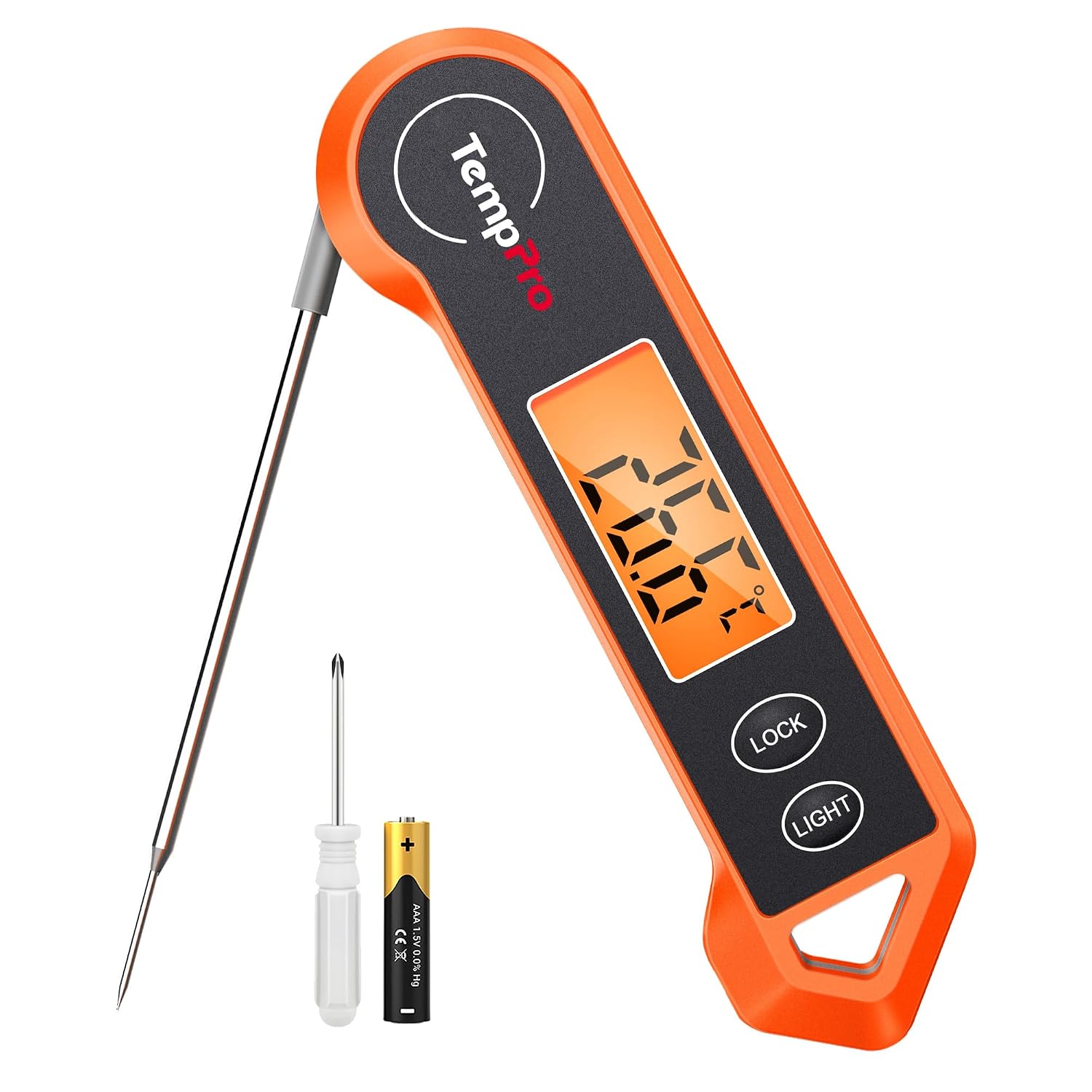 Detalle de ThermoPro TP19H kötttermometer med vikbar sond och bakgrundsbelyst LCD