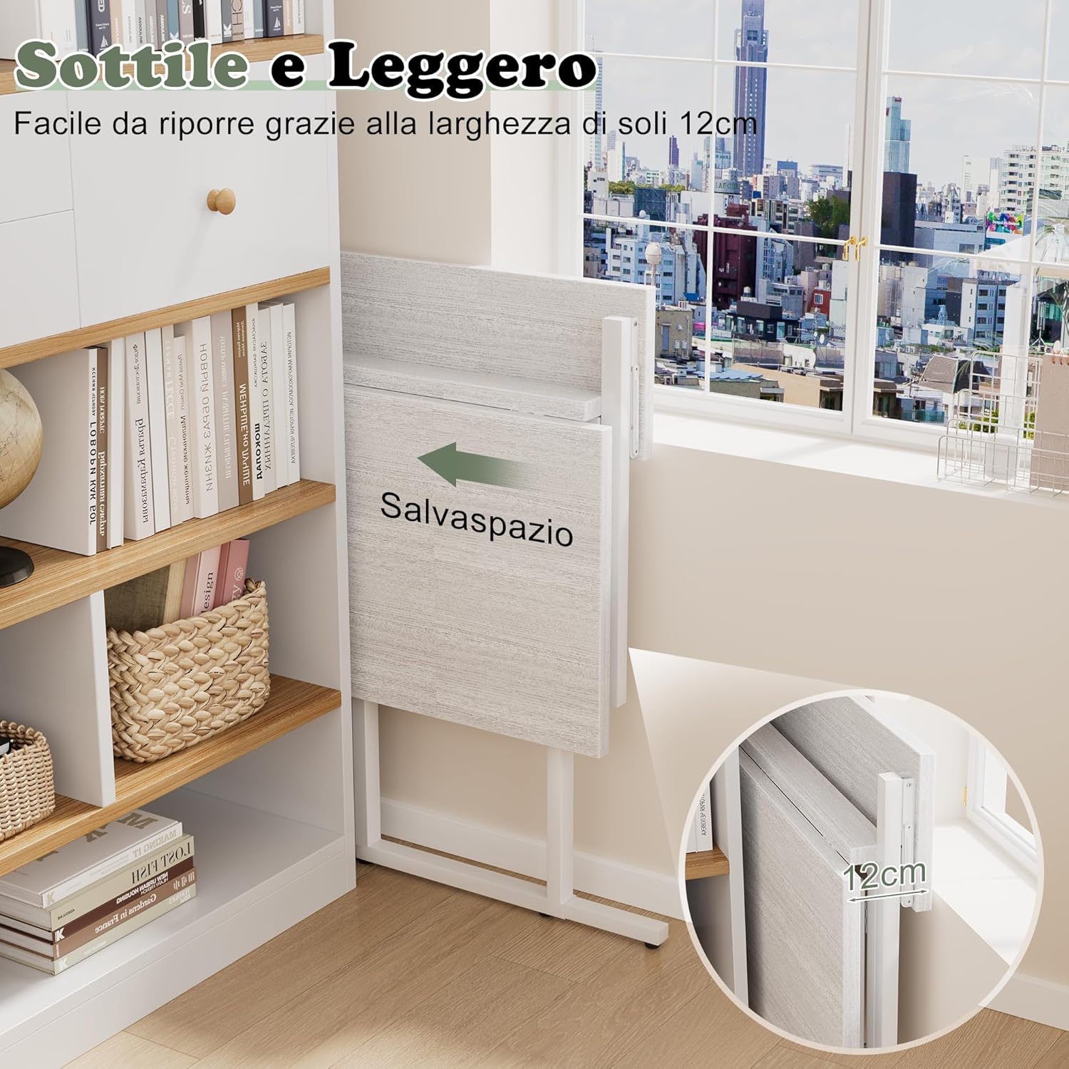 Detalle de JUMMICO Scrivania pieghevole: piccola scrivania bianca con supporto monitor, 80 x 40 cm