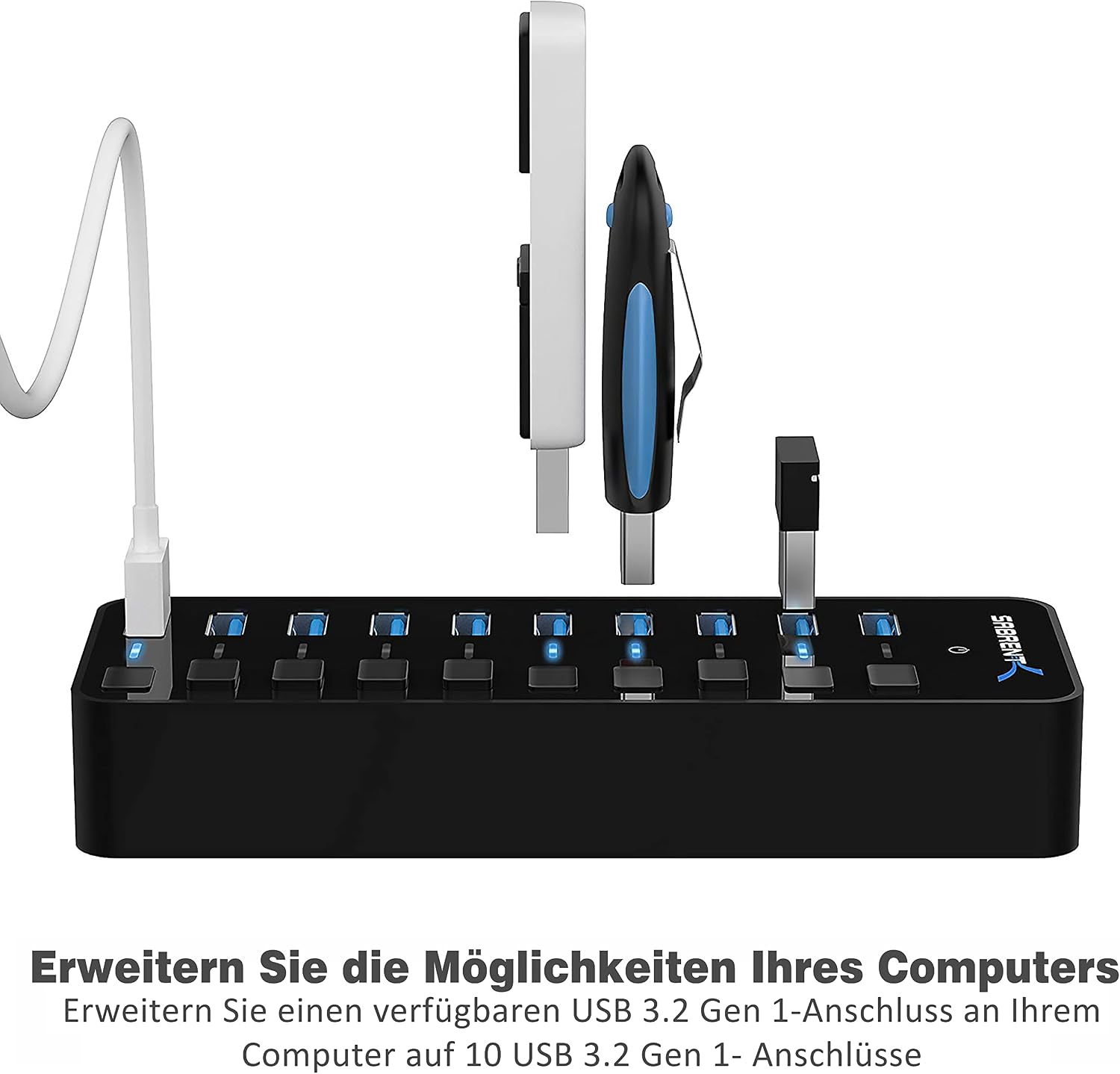 Detalle de Sabrent HB-BU10 aktiver USB 3.0 Hub mit Netzteil, 10 Ports und Ein-/Ausschaltern