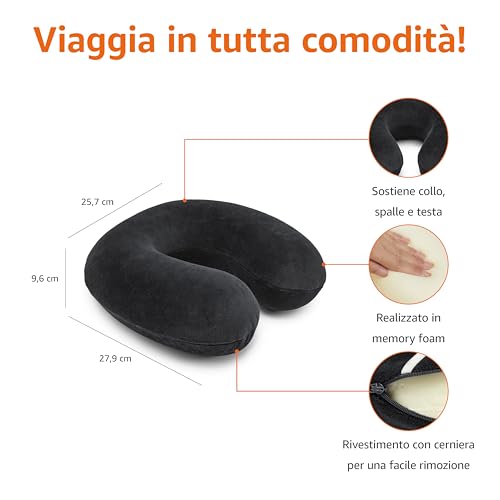 Detalle de Amazon Basics Cuscino per il collo in memory foam, Semicircolare, Nero – supporto confortevole per viaggi e relax