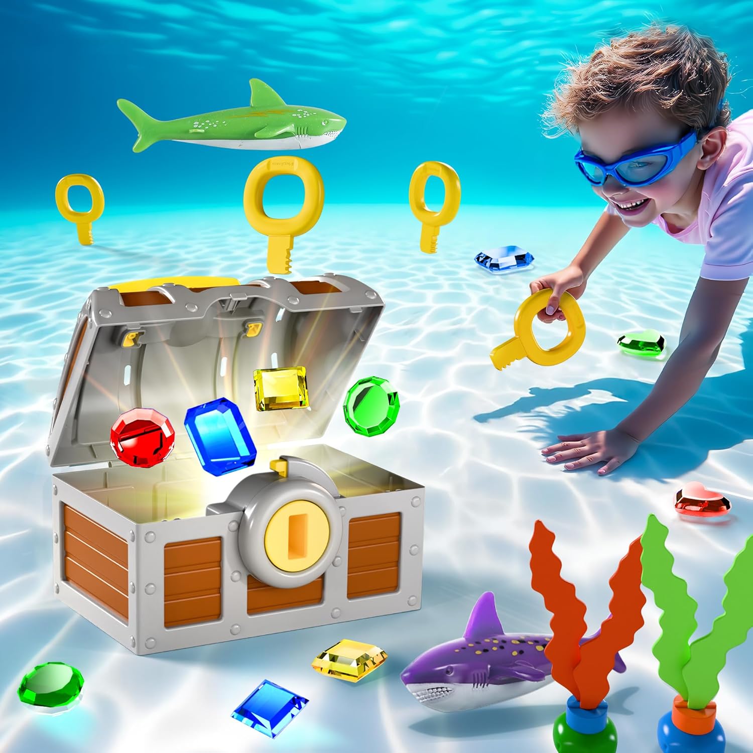 Detalle de Funscape Kids Diving Pool Toy: Large Treasure Chest with Keys, Gems, and Fish