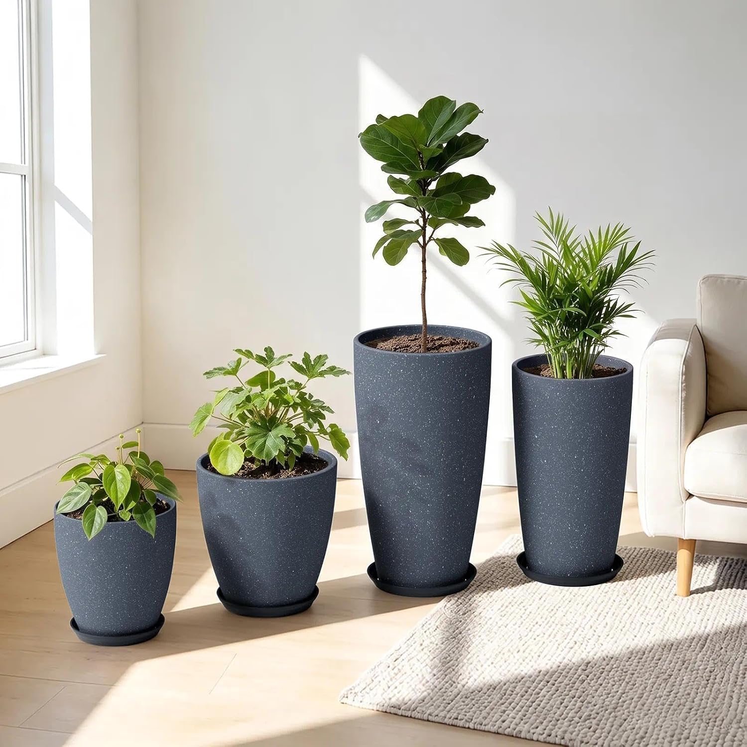 Detalle de ZMTECH 4-Pack Plastic Planters, 21/18/12/10 in, Dark Grey Faux-Stone Finish